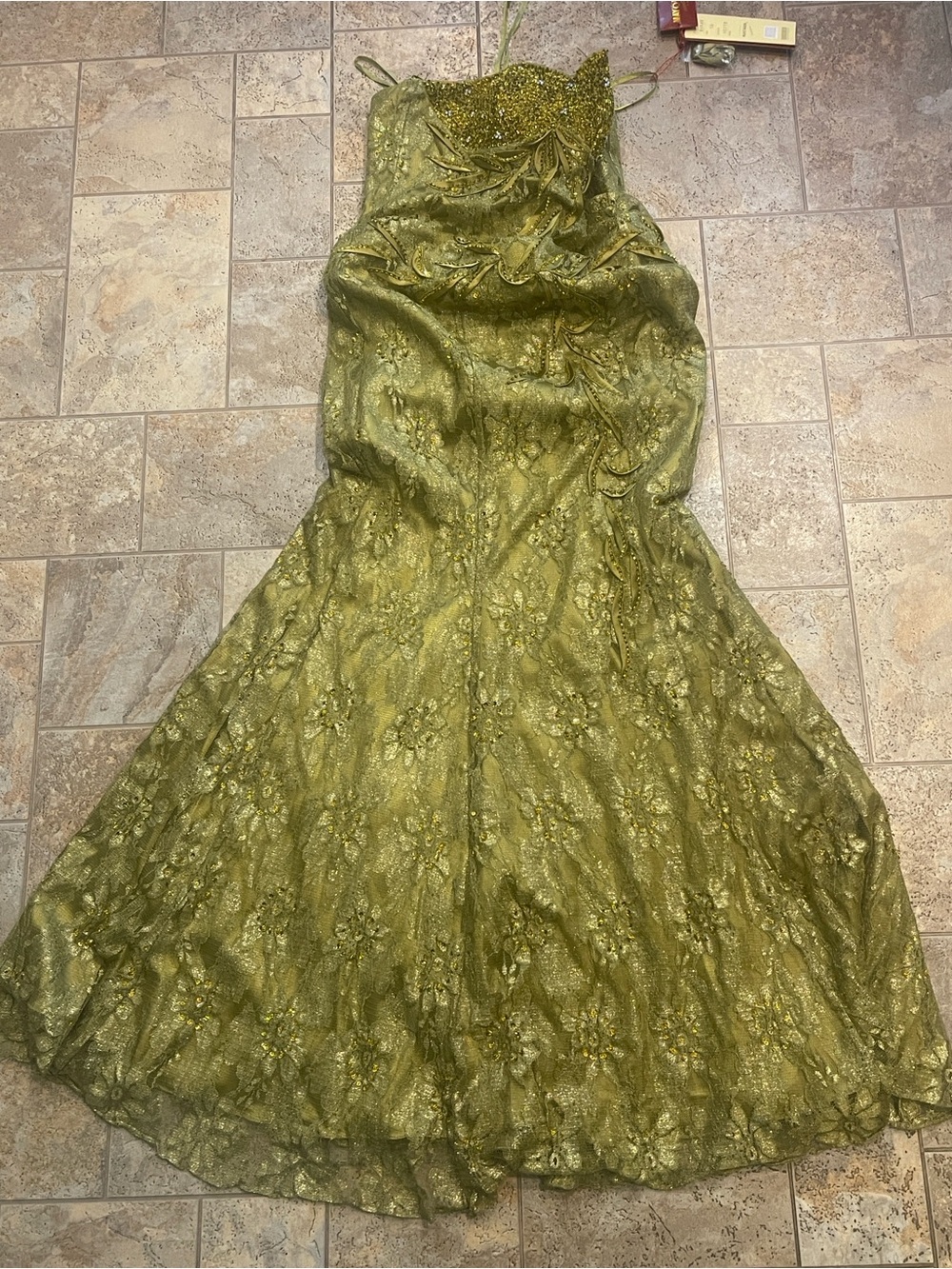May Queen Olive Green Strapless Lace style Evening Gown MQ 540